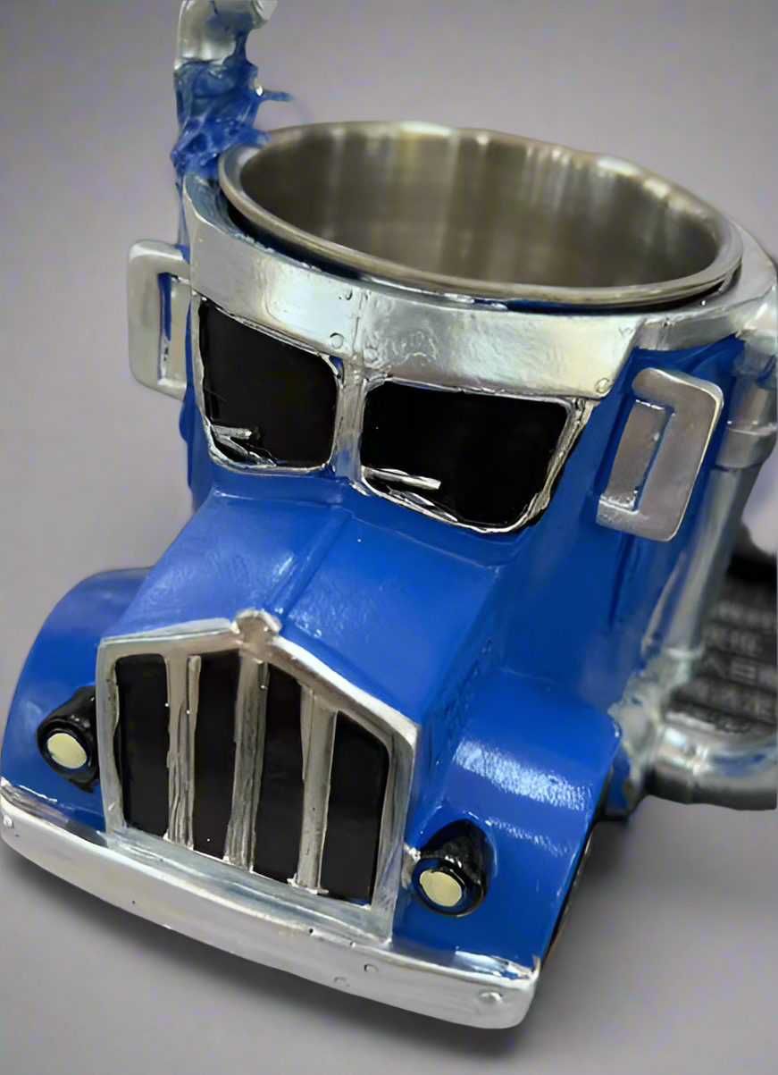 Blue semi truck coffee mug for truck drivers and car enthusiasts