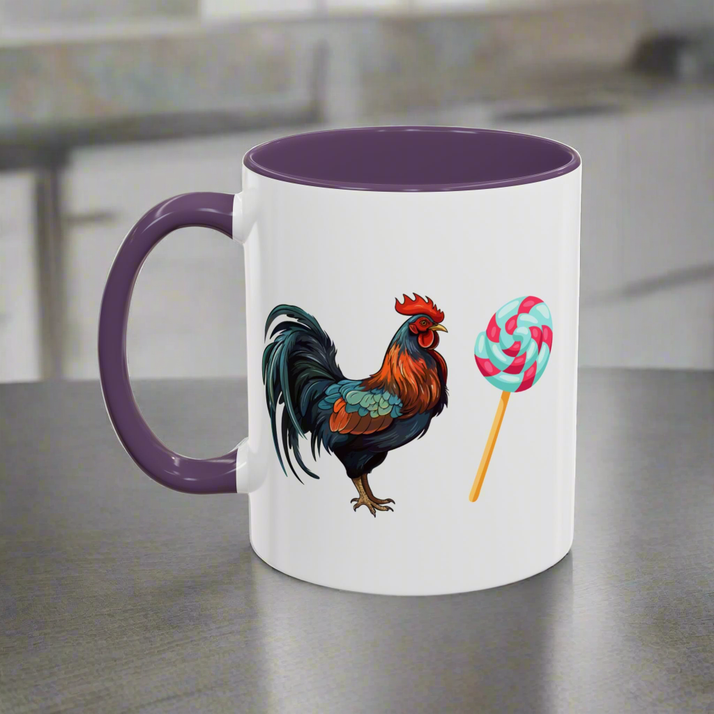 Colorful Rooster Sucker Coffee Mug, Sweet Gift for Candy Lovers, Fun Kitchen Décor, Birthday Present