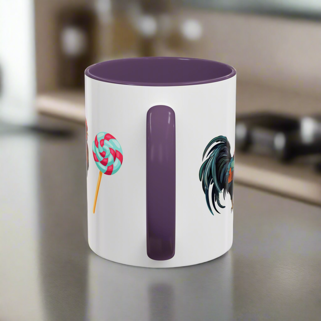 Colorful Rooster Sucker Coffee Mug, Sweet Gift for Candy Lovers, Fun Kitchen Décor, Birthday Present