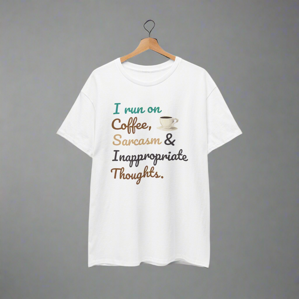 Camiseta unisex "Funciono con café, sarcasmo y pensamientos inapropiados"