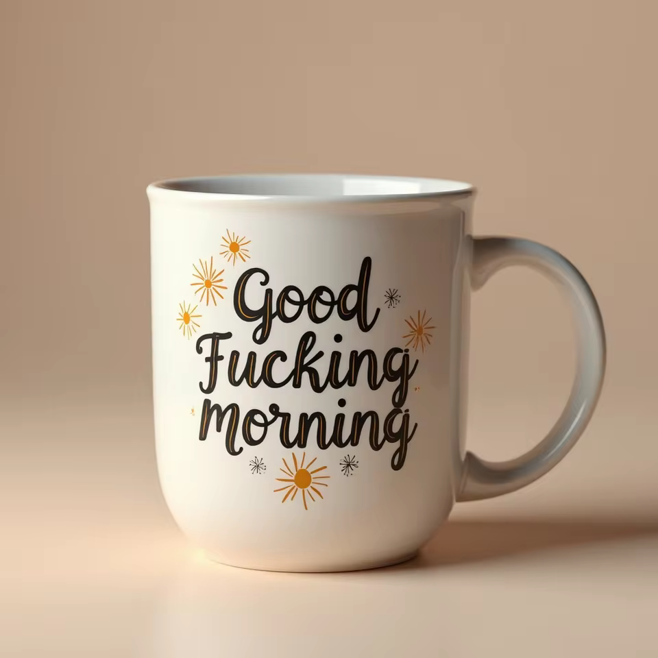 Coffee Mugs & Tumblers Collection with an image of a white ceramic cup with funny quote