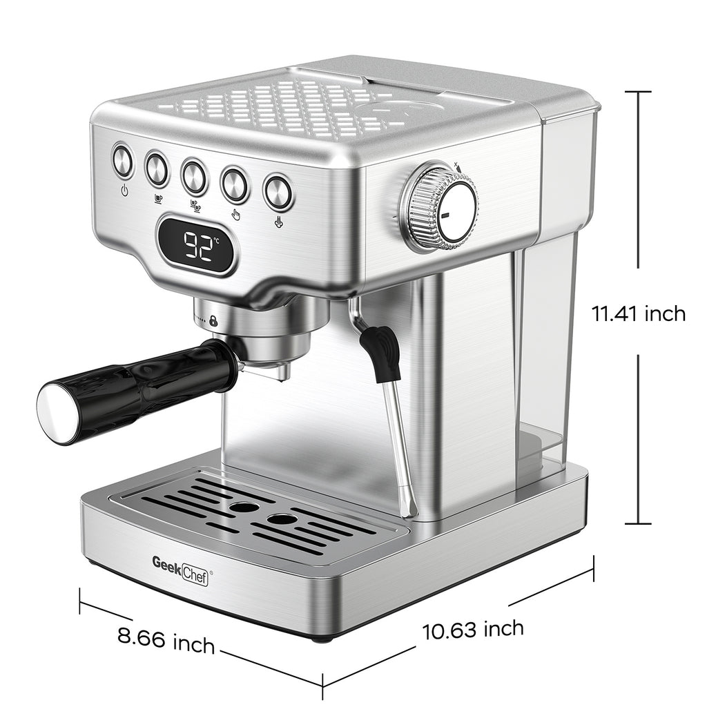Coffee Lovers Dream, Stainless Steel Espresso Machine with Milk Frother. 