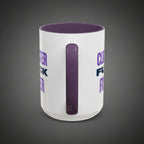 White mug with purple interior and handle, featuring text on a white background