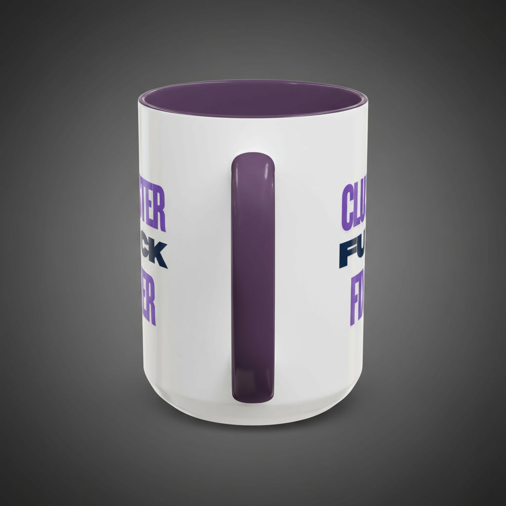 White mug with purple interior and handle, featuring text on a white background