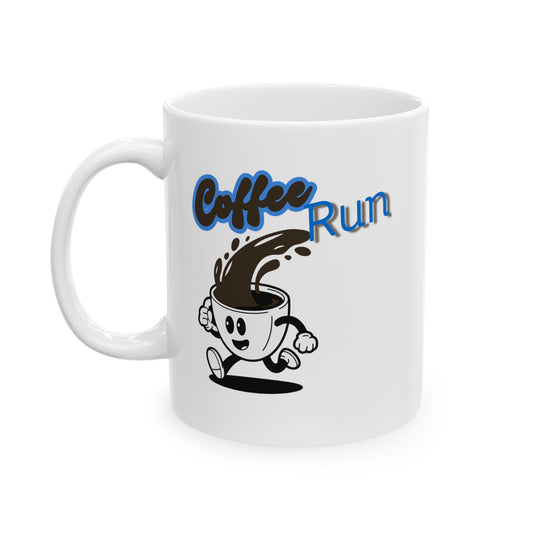 White mug with 'Coffee Run' design featuring a cartoon cup and coffee splash on a white background