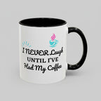 White mug with black interior and handle, featuring a coffee cup icon and text on a white background.