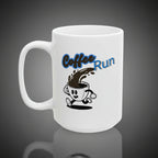 White mug with 'Coffee Run' design featuring a cartoon coffee cup and text on a white background