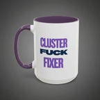 White mug with purple interior and handle, featuring text on a white background