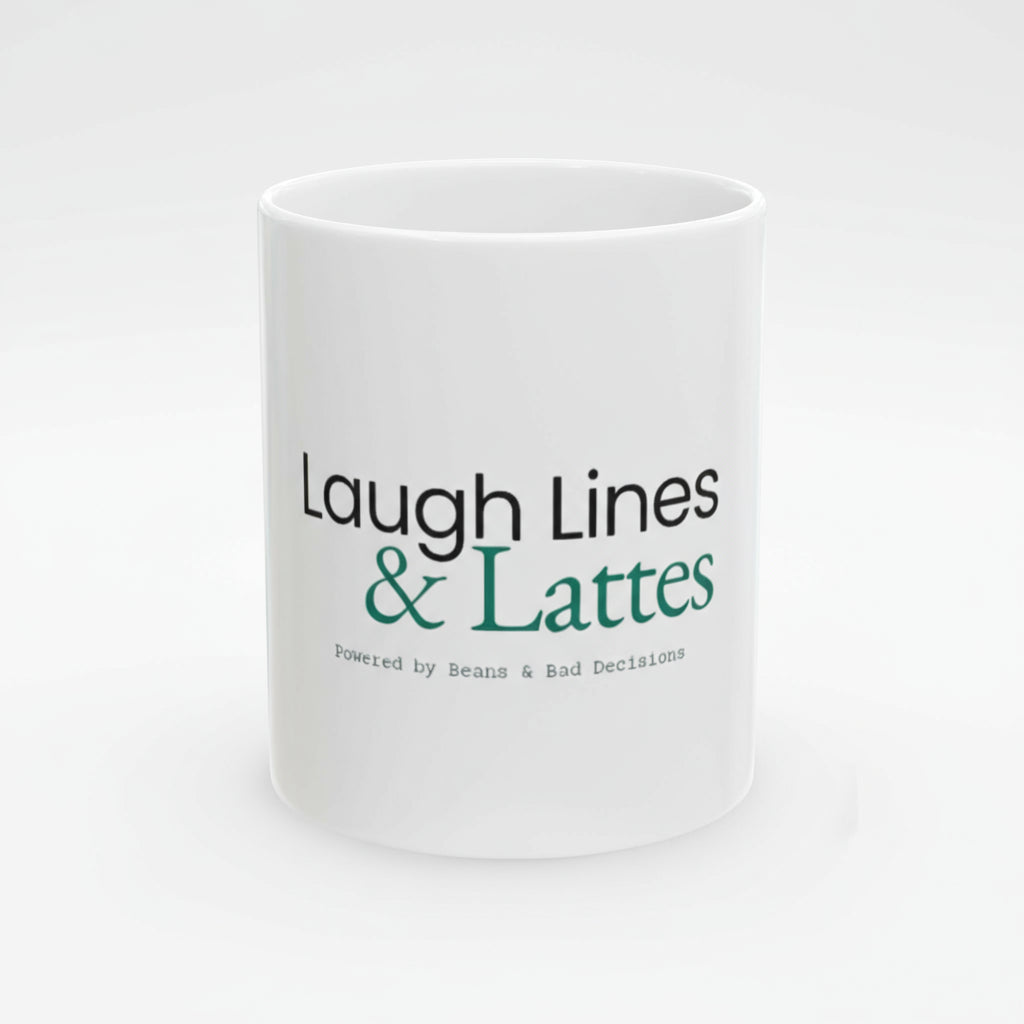 White mug with 'Laugh Lines & Lattes' text on a white background