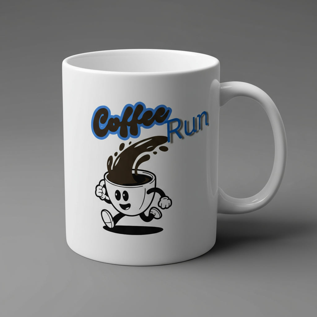 White mug with 'Coffee Run' design featuring a cartoon coffee cup and text on a white background