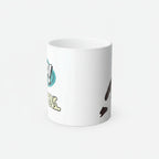 White mug with colorful text and graphics on a white background