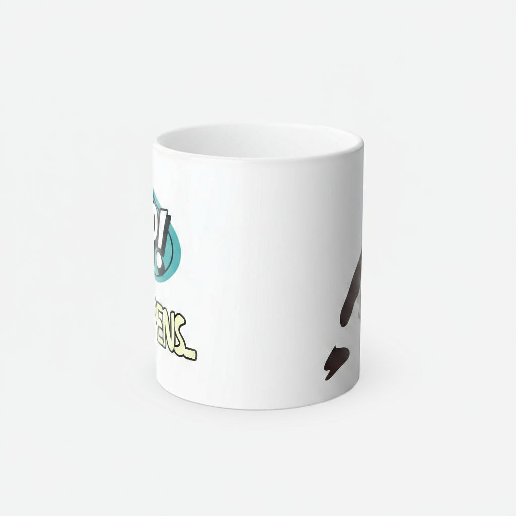 White mug with colorful text and graphics on a white background