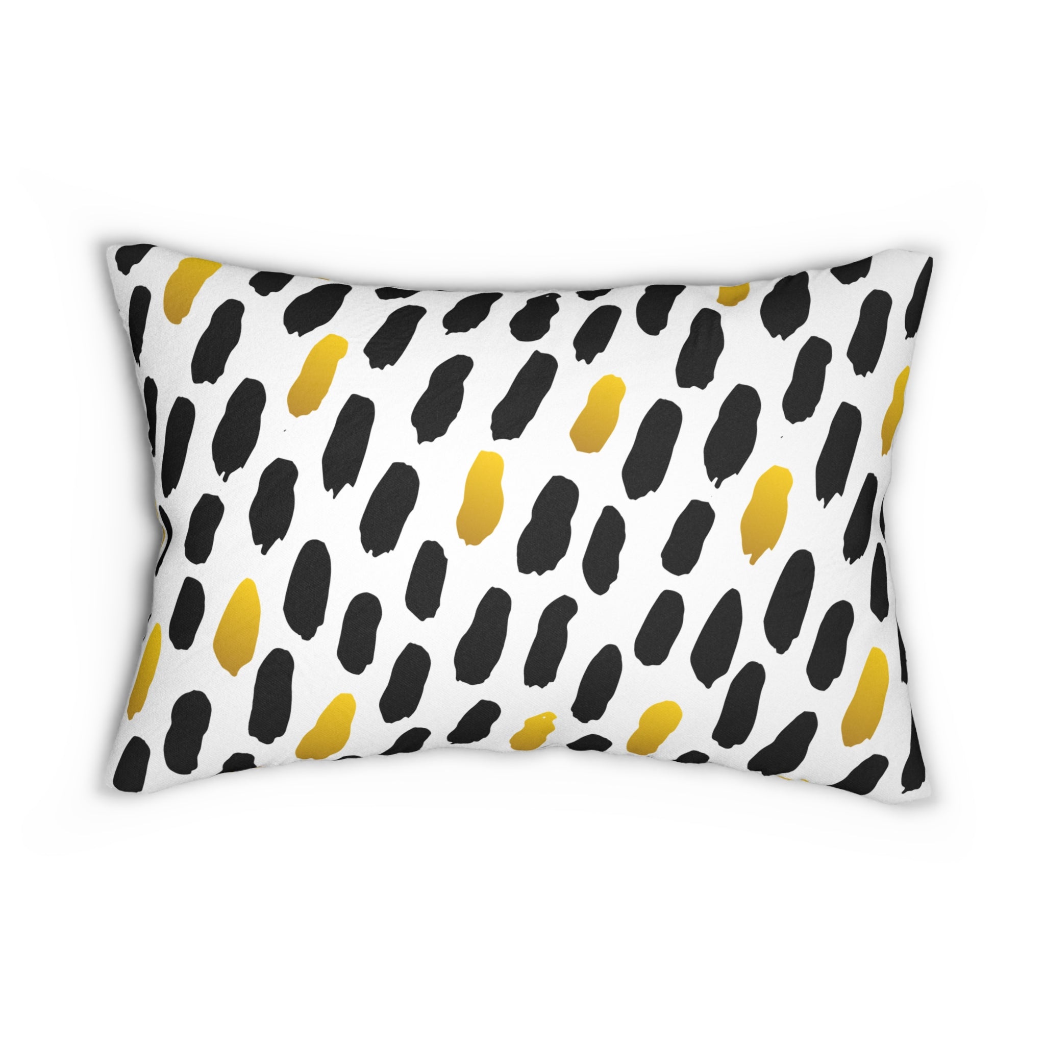 Decorative pillow with black and yellow abstract pattern on a white background