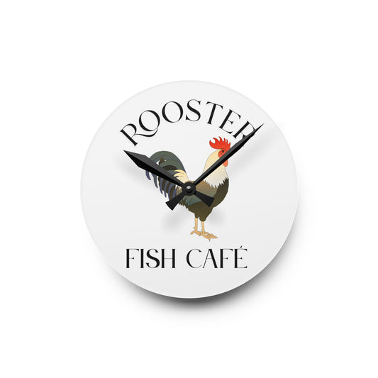 Rooster Fish Café Acrylic Wall Clock - Rustic Farmhouse Home Décor