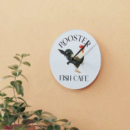 Rooster Fish Café Acrylic Wall Clock - Rustic Farmhouse Home Décor