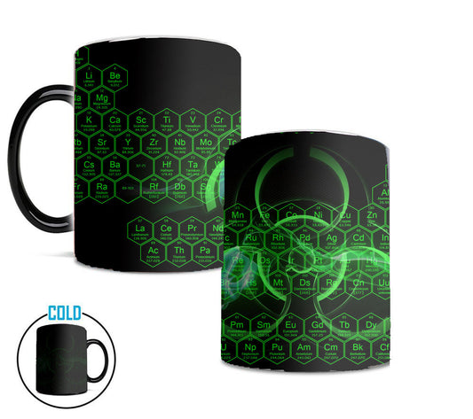 Black mug with green periodic table pattern on a white background