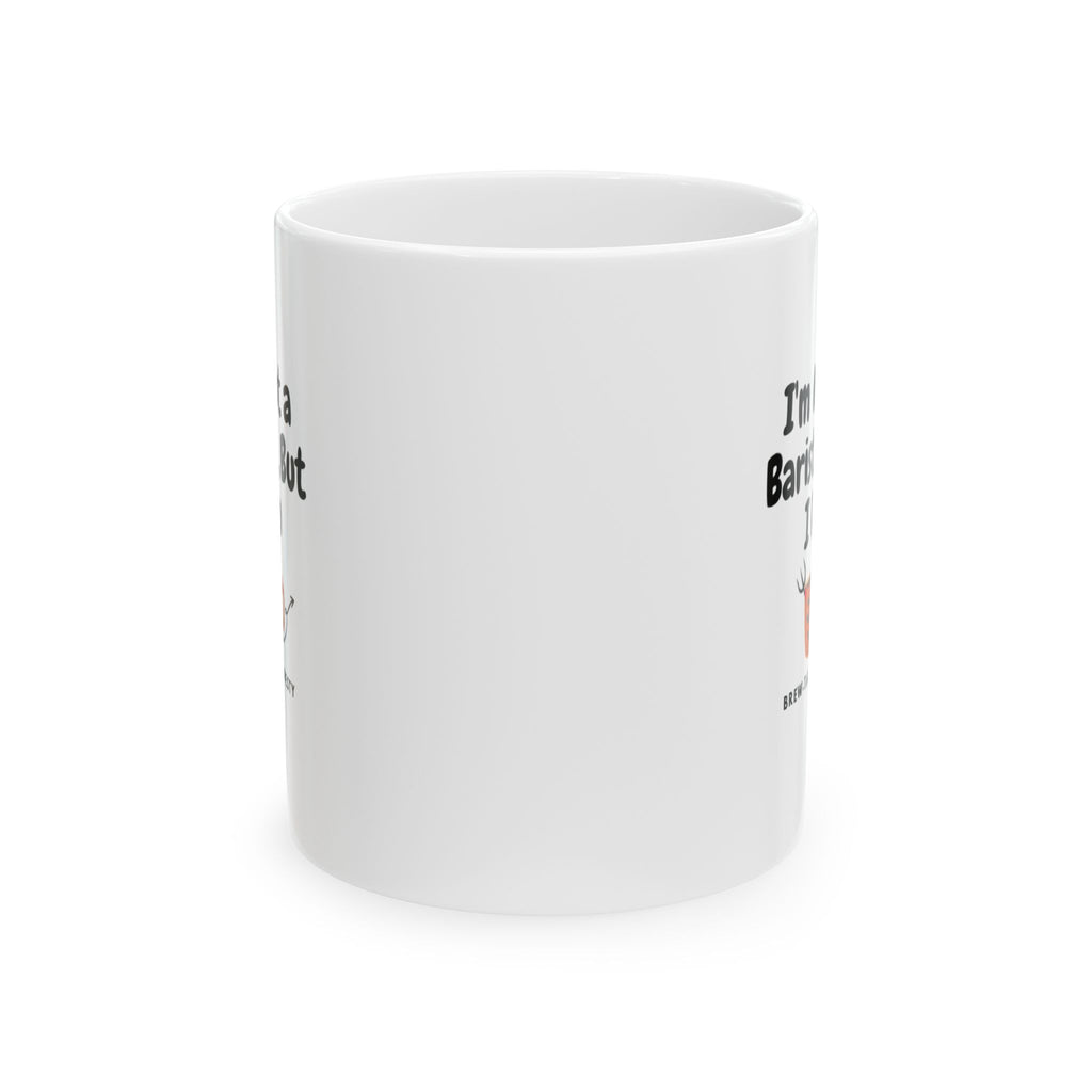 White mug with text and a small graphic on a white background
