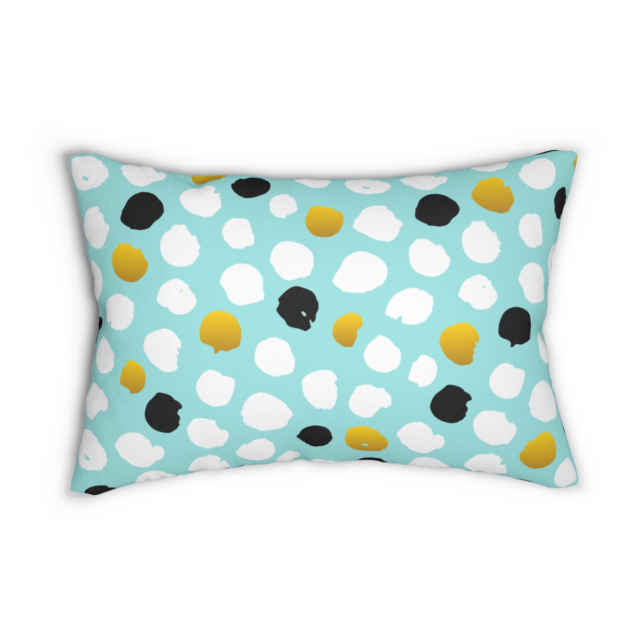 Decorative pillow with colorful polka dot pattern on a light blue background