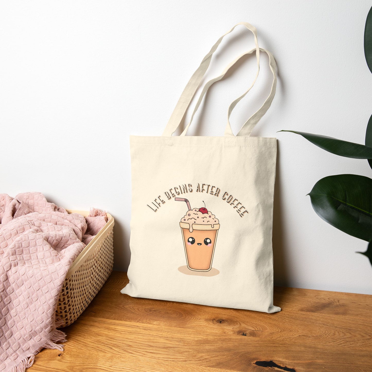 Beige Canvas tote bag with coffee-themed design by Laugh Lines & Lattes perfect gift for coffee lovers and everyday use. 