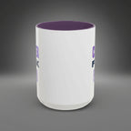 White tumbler with purple interior and text on a white background