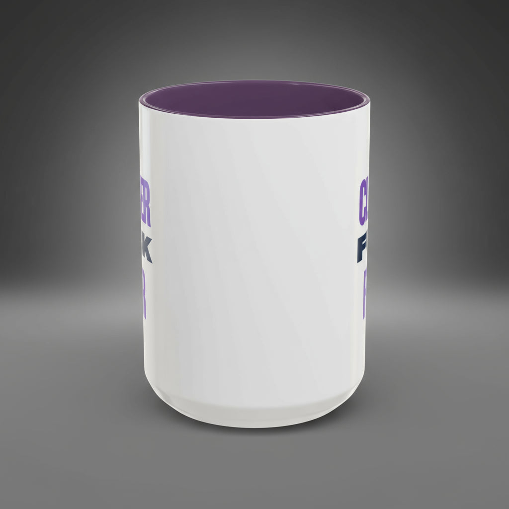 White tumbler with purple interior and text on a white background