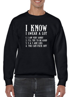 Black sweatshirt with white text worn by a person on a white background