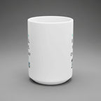White mug with text and graphics on a white background