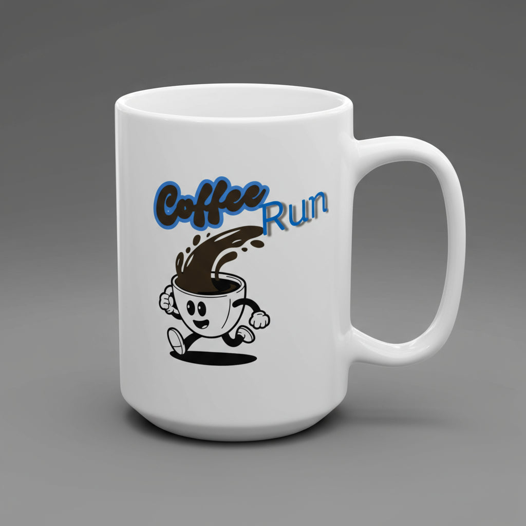 White mug with 'Coffee Run' design featuring a cartoon coffee cup character on a white background