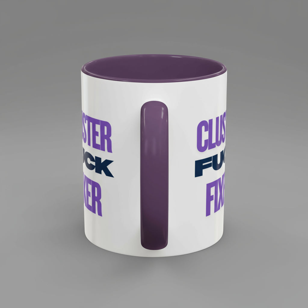 White mug with purple interior and handle, featuring text on a white background
