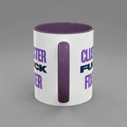 White mug with purple interior and handle, featuring text on a white background