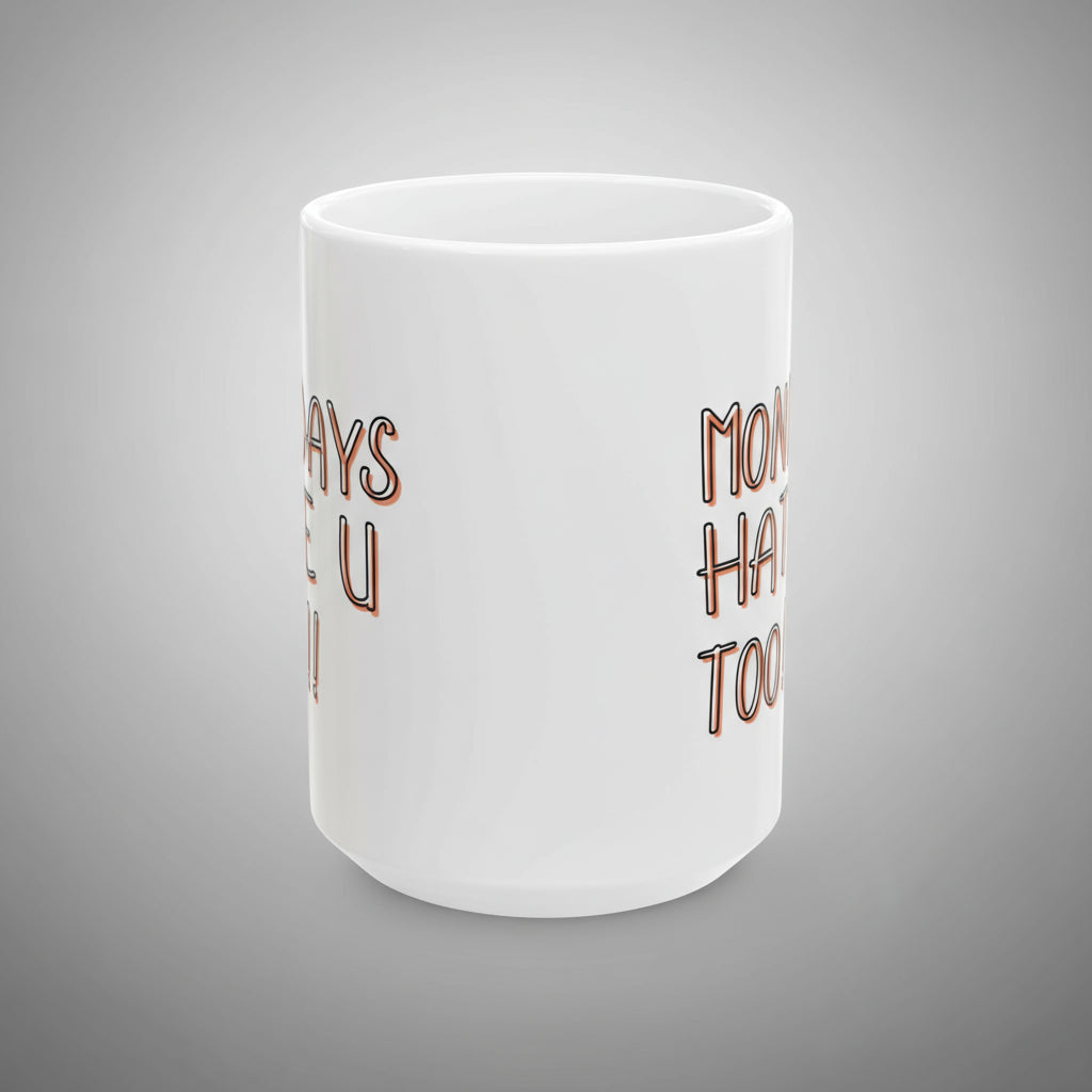 White mug with copper text on a white background