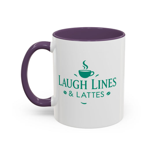White mug with purple handle and interior, featuring 'Laugh Lines & Lattes' text and logo.