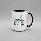 White mug with black interior and handle, featuring a coffee cup icon and text on a white background.