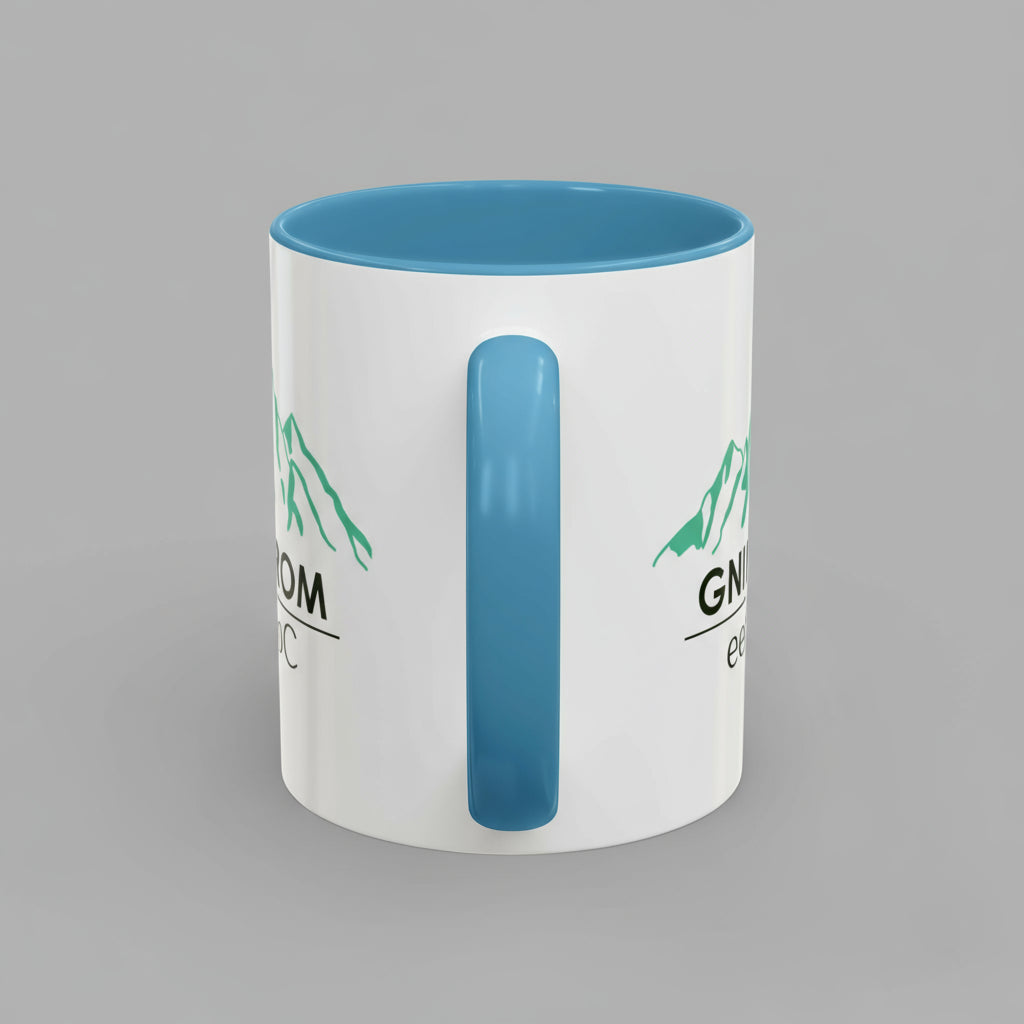 White mug with blue interior and handle, featuring a logo and text on a white background