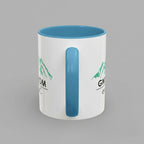 White mug with blue interior and handle, featuring a logo and text on a white background