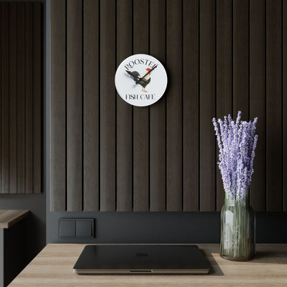 Rooster Fish Café Acrylic Wall Clock - Rustic Farmhouse Home Décor