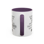 White mug with purple interior and handle, featuring humorous text on a white background