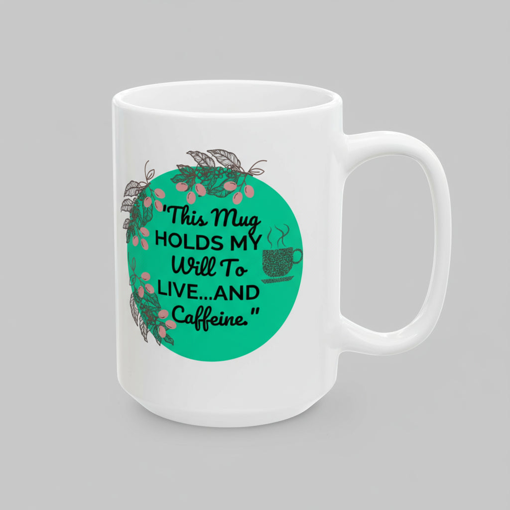 White mug with a green circular design featuring text and a cup illustration on a white background