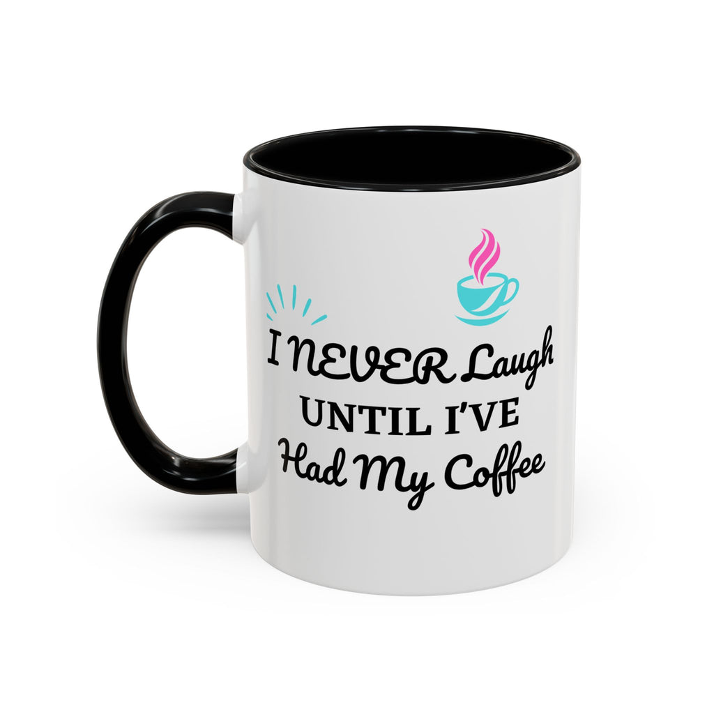 White mug with black handle and interior, featuring a coffee cup icon and text on a white background.
