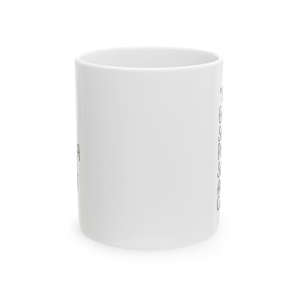 White mug with text on a white background