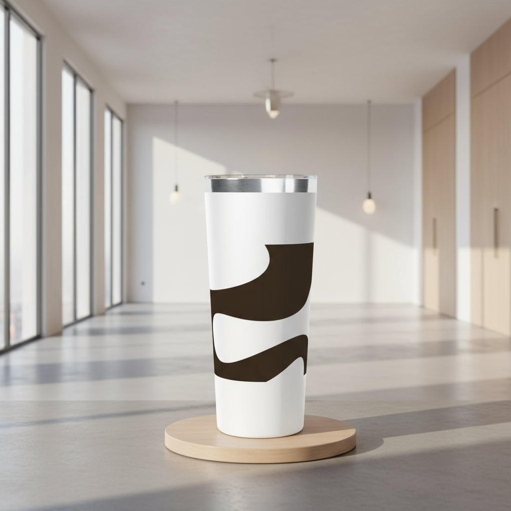 White tumbler with brown abstract design on a white background