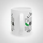 White mug with text and graphics on a white background