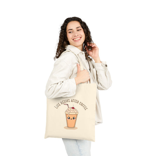 Reusable canvas tote bag with coffee-themed design by Laugh Lines & Lattes perfect gift for coffee lovers and everyday use.