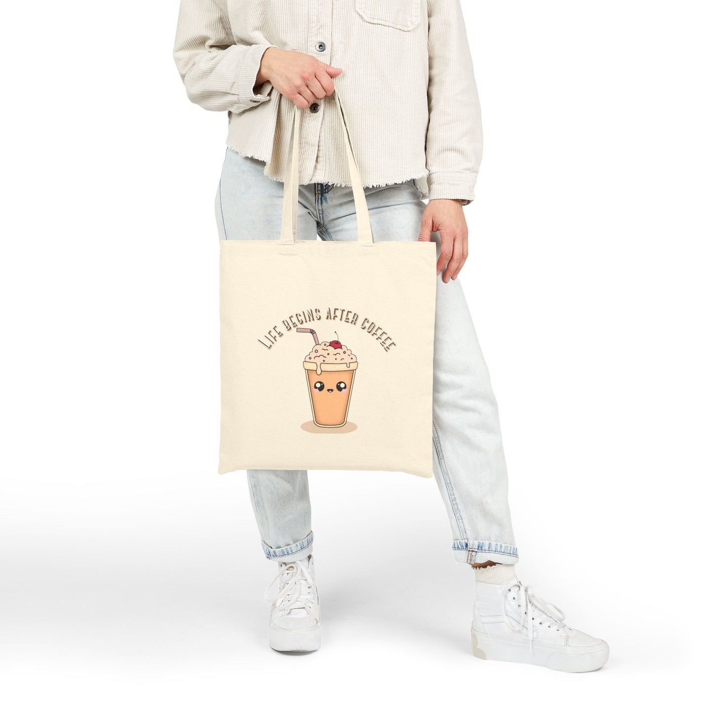 Tote bag with coffee-themed design by Laugh Lines & Lattes perfect gift for coffee lovers and everyday use.