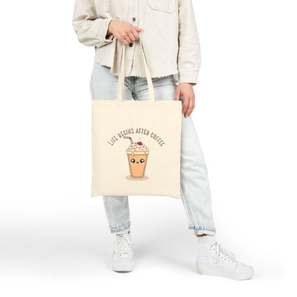 Tote bag with coffee-themed design by Laugh Lines & Lattes perfect gift for coffee lovers and everyday use.