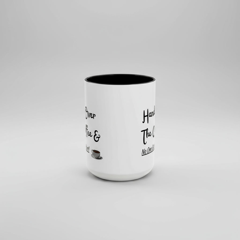 White mug with black interior and text on a white background