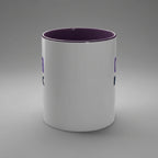 White mug with purple interior and accents on a white background