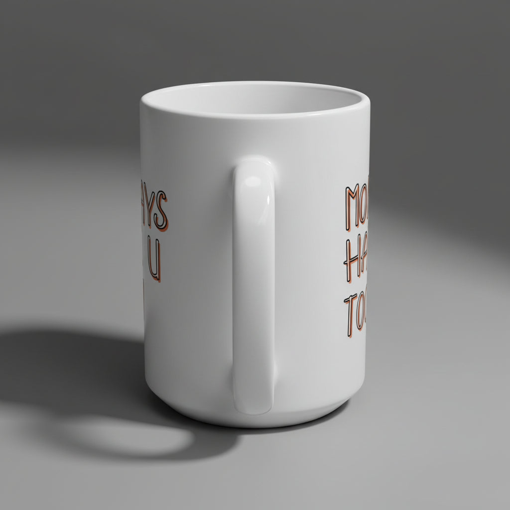 White mug with rose gold text on a white background