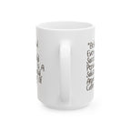 White mug with text on a white background