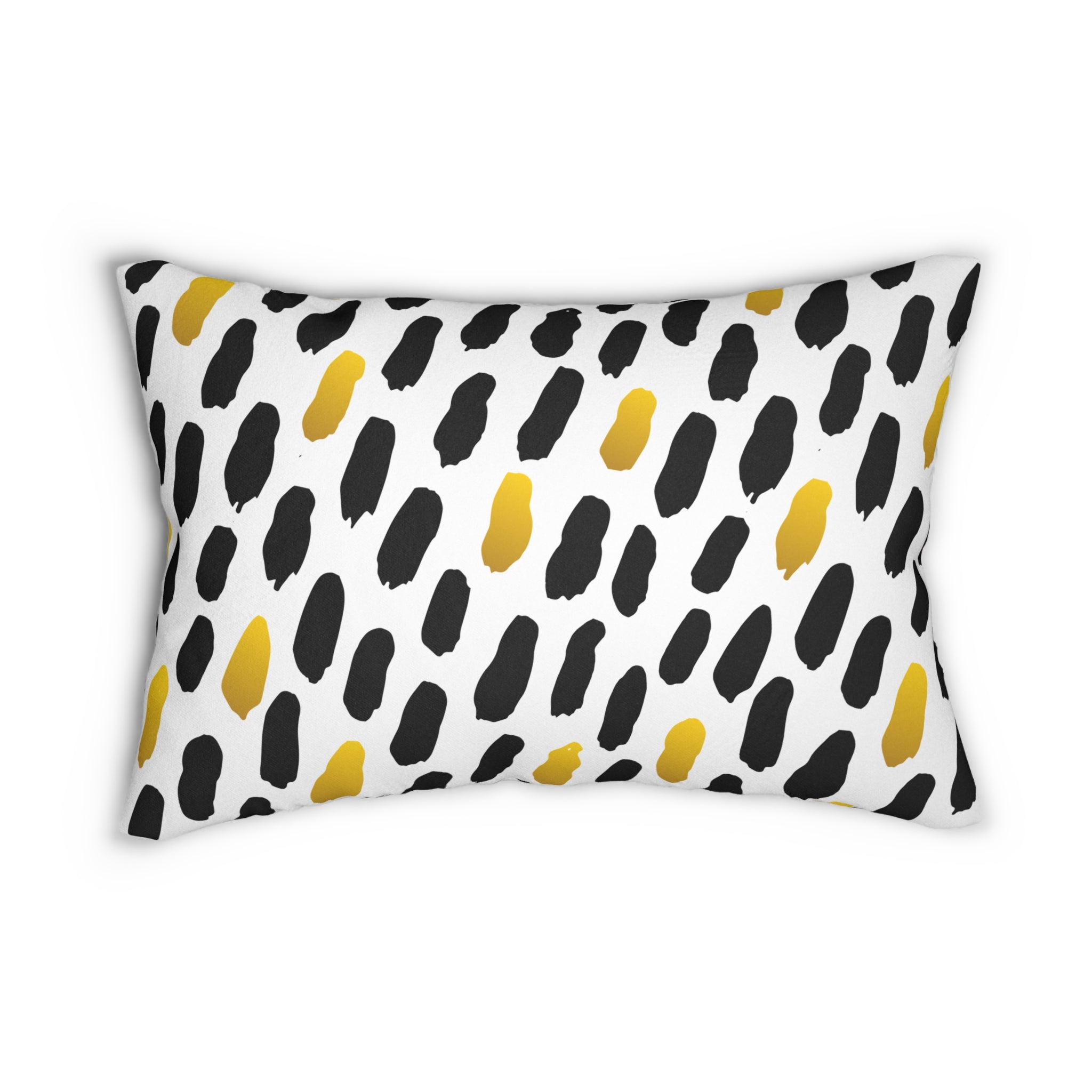 Decorative pillow with black and yellow abstract pattern on a white background